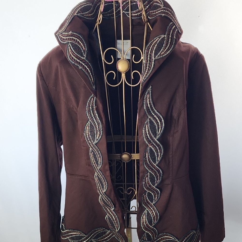 Vintage Chocolate Brown Embroidered Long Sleeved Collared Jacket/Blazer Size 12